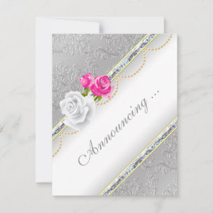 Elegant Silver Damask and Pink Rose Engagement Announcement