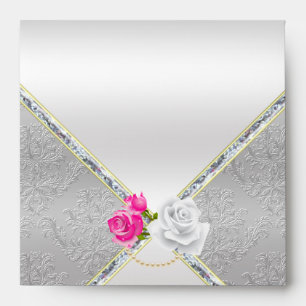 Elegant Silver Damask and Pink Rose Envelope