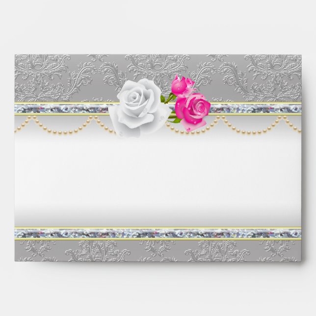 Elegant Silver Damask and Pink Rose Envelopes (Front)