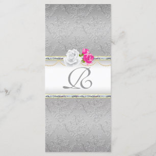 Elegant Silver Damask and Pink Rose Monogram Programme