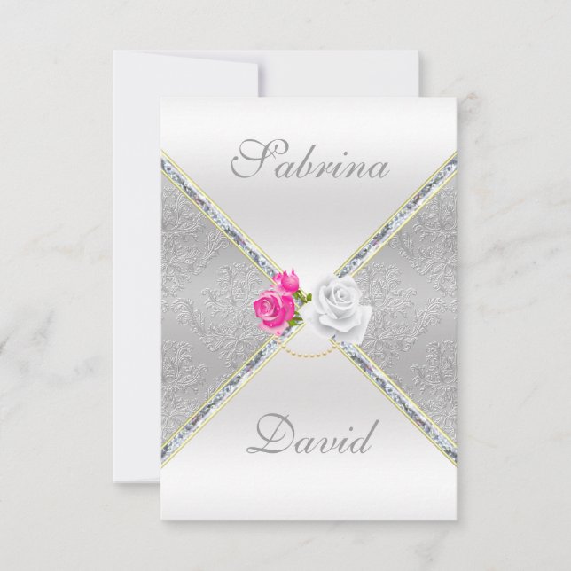 Elegant Silver Damask and Pink Rose Reception card (Front)
