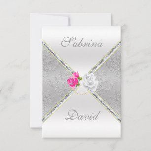 Elegant Silver Damask and Pink Rose Reception card