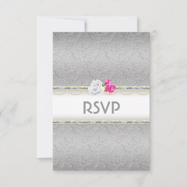 Elegant Silver Damask and Pink Rose RSVP Card (Front)