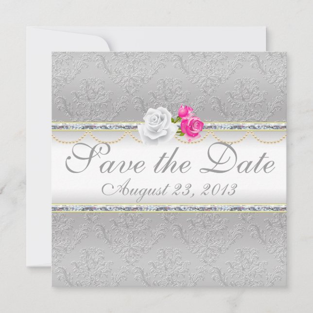 Elegant Silver Damask and Pink Rose Save the Date (Front)
