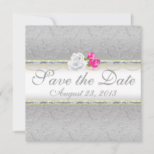 Elegant Silver Damask and Pink Rose Save the Date