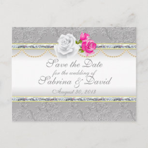Elegant Silver Damask and Pink Rose Save the Date Announcement Postcard