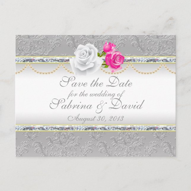 Elegant Silver Damask and Pink Rose Save the Date Announcement Postcard (Front)