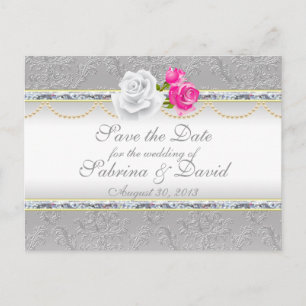 Elegant Silver Damask and Pink Rose Save the Date Announcement Postcard