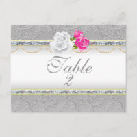 Elegant Silver Damask and Pink Rose Table Number