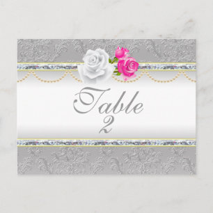 Elegant Silver Damask and Pink Rose Table Number Postcard