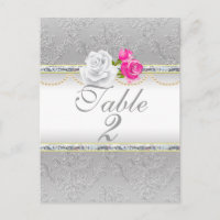 Elegant Silver Damask and Pink Rose  Table Number