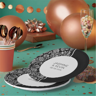 Elegant Silver Damask & Black Split Screen Paper Plate