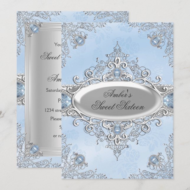 Elegant Silver Damask & Blue Jewel Sweet Sixteen Invitation (Front/Back)