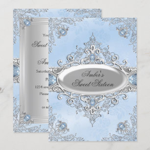 Elegant Silver Damask & Blue Jewel Sweet Sixteen Invitation