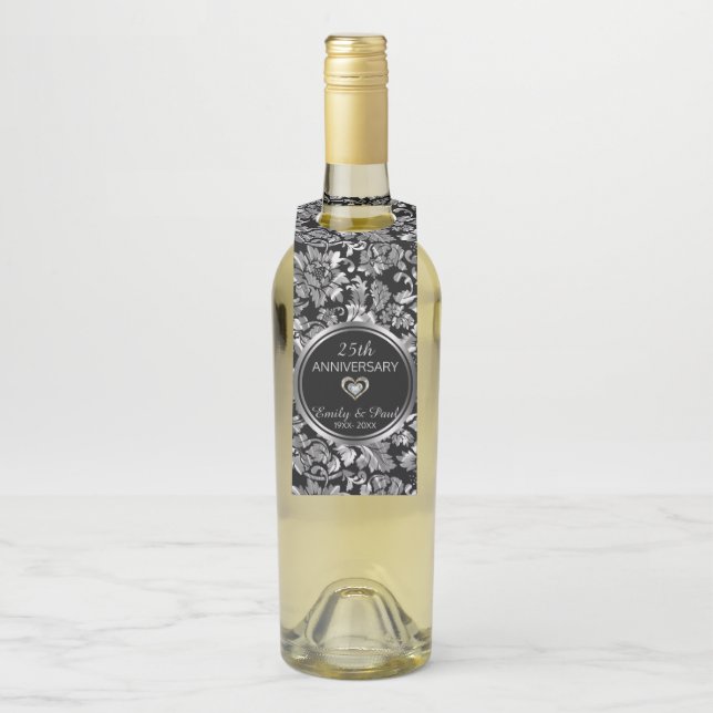 Elegant Silver Damask Bottle Tag (On Bottle)