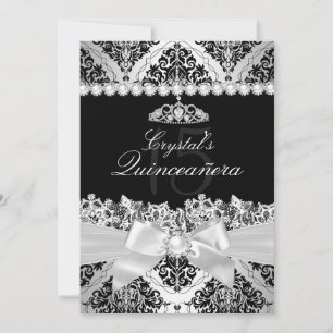 Elegant Silver Damask & Bow Quinceanera Invite