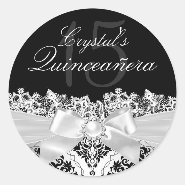 Elegant Silver Damask & Bow Quinceanera Sticker (Front)
