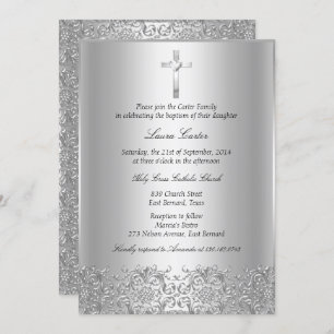 Elegant Silver Damask & Cross Baptism/Christening Invitation
