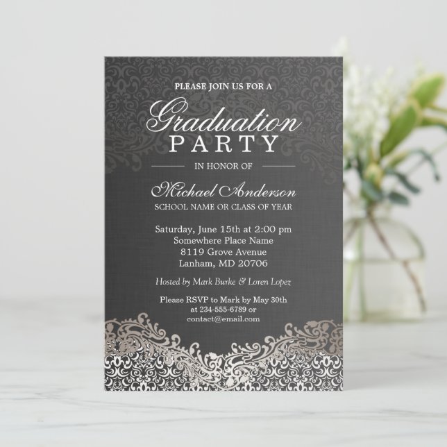 Elegant Silver Damask Grad Graduation Party Invitation (Standing Front)