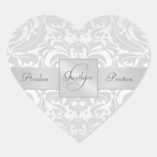 Elegant Silver Damask Heart Wedding Sticker