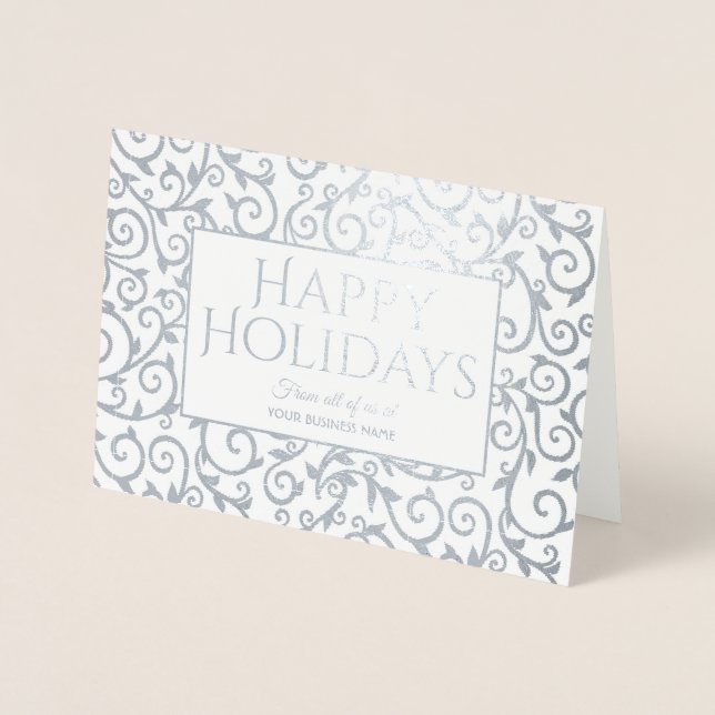 Elegant Silver Damask Holiday Corporate Business Foil Card (Front)