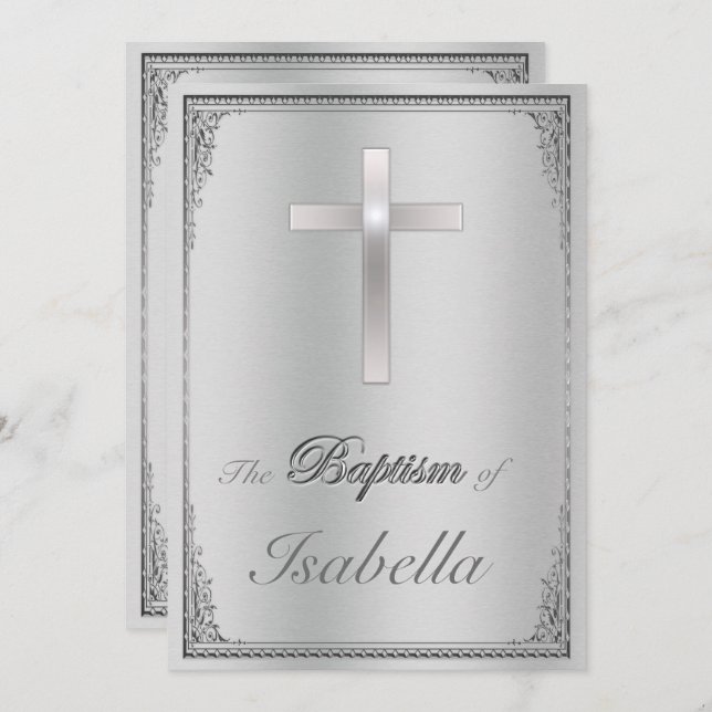 Elegant silver damask & silver cross Baptism  Invitation (Front/Back)