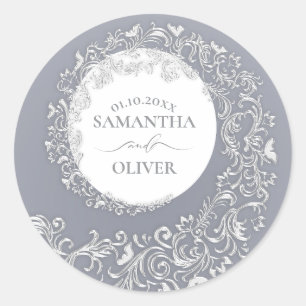 Elegant Silver Damask Wedding Classic Round Sticker