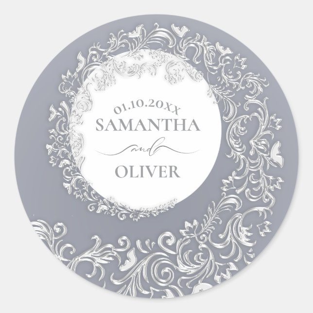 Elegant Silver Damask Wedding Classic Round Sticker (Front)
