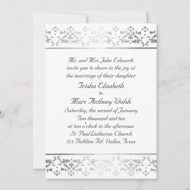 Elegant Silver damask Wedding Invitation (Front)