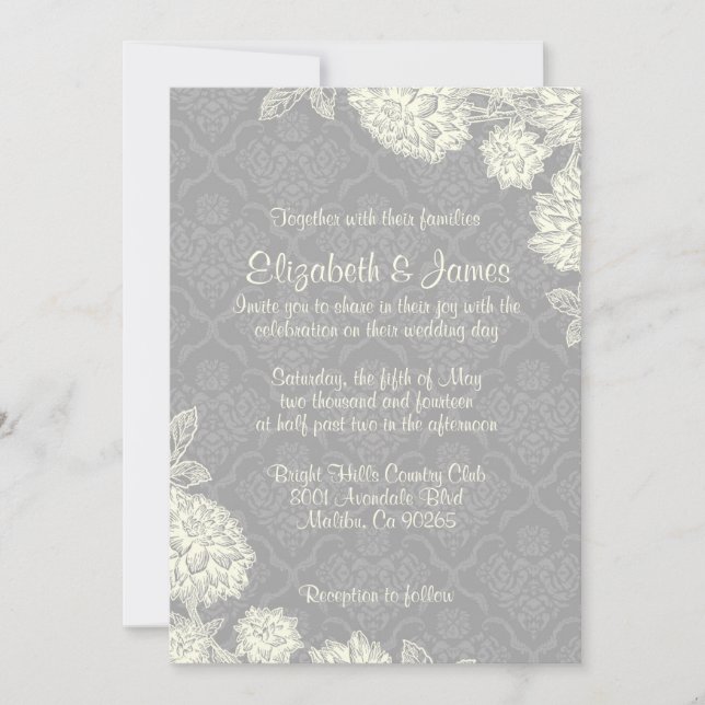 Elegant Silver Damask Wedding Invitations (Front)