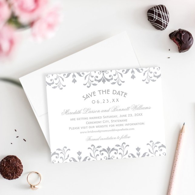 Elegant Silver Damask Wedding Save The Date (Creator Uploaded)