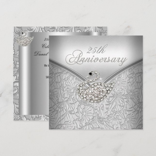 Elegant Silver Damask White Swan 25th Anniversary Invitation (Front/Back)