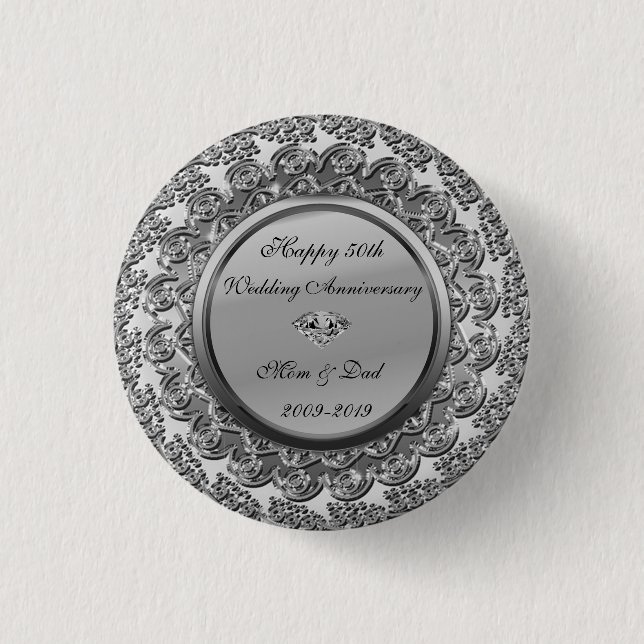Elegant Silver Diamond 50th Wedding Anniversary 3 Cm Round Badge (Front)