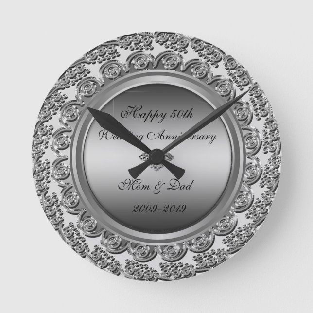 Elegant Silver Diamond 50th Wedding Anniversary Round Clock (Front)