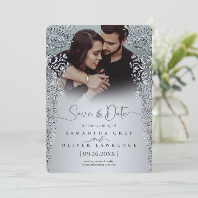 Elegant Silver Diamond Ornate Save the Date Card (Standing Front)
