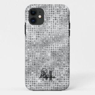 Elegant Silver Diamond Studded Pattern Monogram  iPhone 11 Case