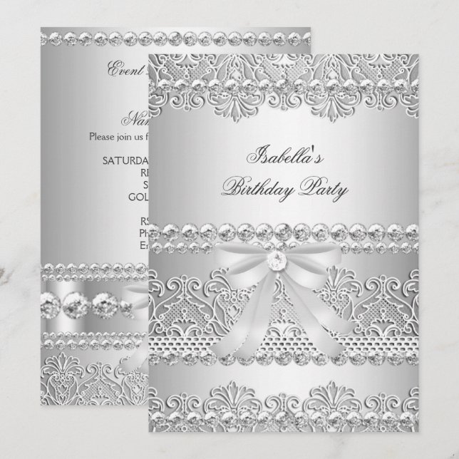 Elegant Silver Diamond White Lace Birthday Party Invitation (Front/Back)