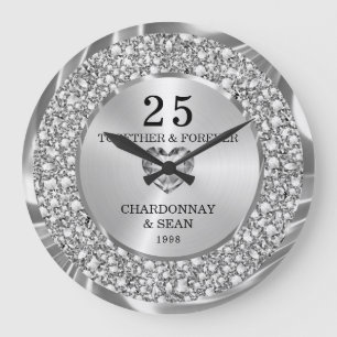 Elegant Silver Diamonds 25th Anniversary Large  Clock