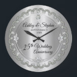 Elegant Silver Diamonds 25th Wedding Anniversary Large Clock<br><div class="desc">Opulent elegance frames this 25th wedding anniversary design in a unique scalloped diamond design with center teardrop diamond with faux added sparkles on a silver-tone gradient. Original design by Holiday Hearts Designs (rights reserved). Please note that all embellishments are printed and are only made to appear as real as possible...</div>