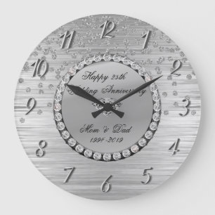 Elegant Silver  Diamonds 25th Wedding Anniversary Large Clock