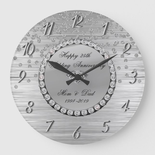 Elegant Silver  Diamonds 25th Wedding Anniversary Large Clock (Front)