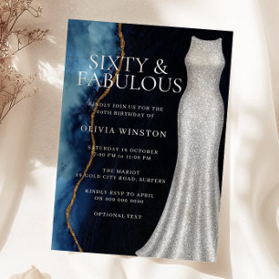Elegant Silver Dress & Navy 60th Birthday Party Invitation