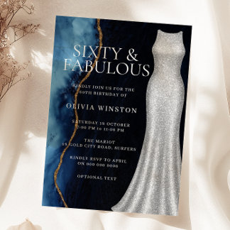 Elegant Silver Dress & Navy 60th Birthday Party Invitation