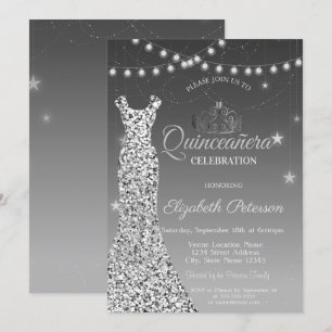 Elegant Silver Dress, String Lights Quinceañera Invitation