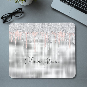 Elegant silver dripping glitter monogram mouse mat