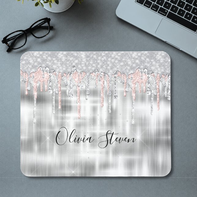 Elegant silver dripping glitter monogram mouse mat (Creator Uploaded)