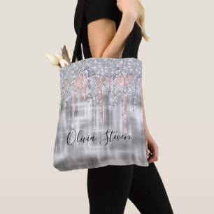 Elegant silver dripping glitter monogram tote bag