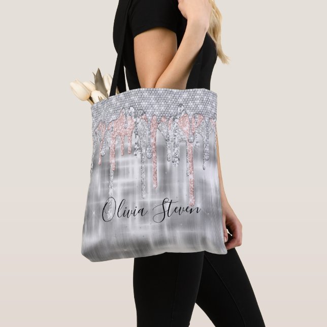 Elegant silver dripping glitter monogram tote bag (Close Up)