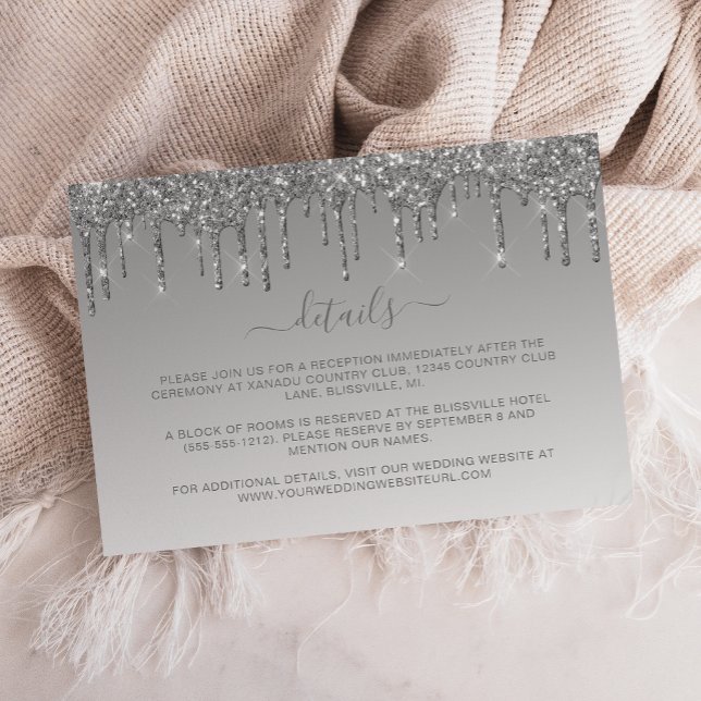 Elegant Silver Dripping Glitter Wedding Details Enclosure Card (Creator Uploaded)