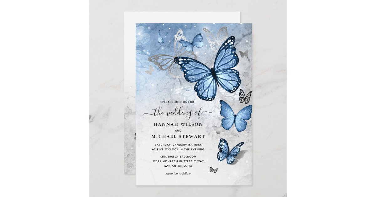 Elegant Silver Dusty Blue Butterfly Wedding Invitation